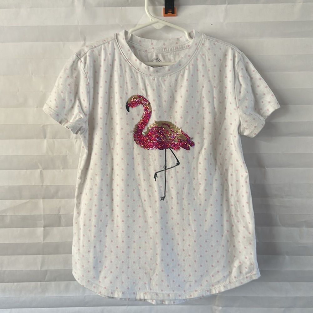 Wonder Nation Girls Size M White Pink Polka Dot Flamingo Reverse Sequin Shirt